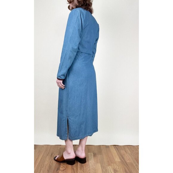 Vintage Denim Jean Midi Maxi Dress Pleated Long Duster Jacket Coat Cottagecore - Picture 3 of 10